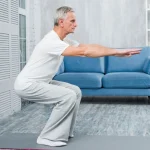 An older man performing old age balance exercises on a yoga mat in his living room